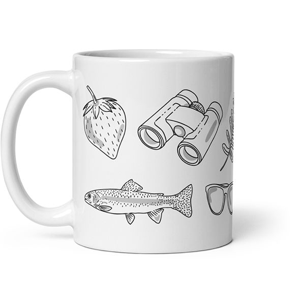 White mug featuring black line drawings of Vermont-inspired objects.