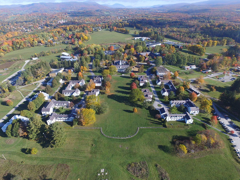 An aerial view of a campus in fall.