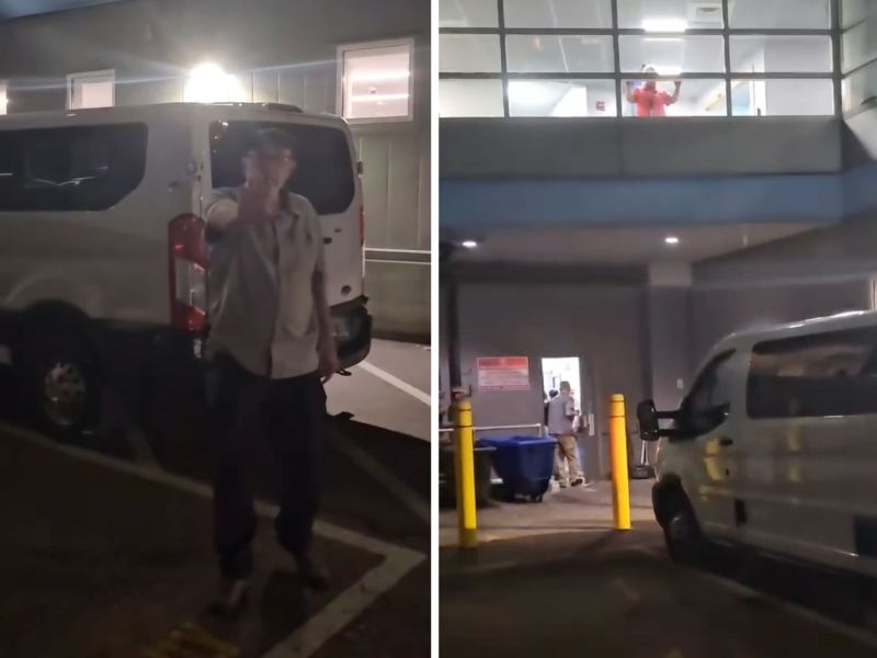 Two photos show a person standing near a white van in a parking lot at night, with another person visible inside a building above.