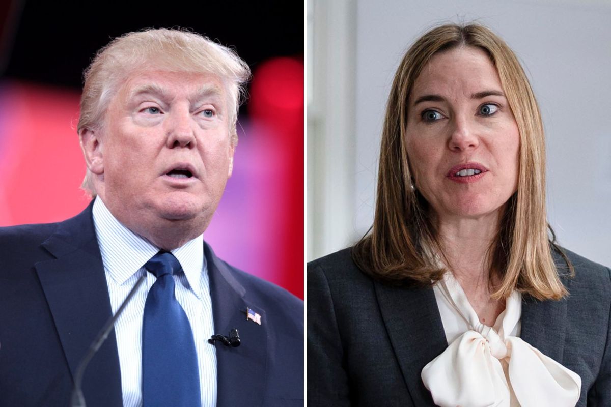 A man in a suit on the left and a woman in a suit with a blouse on the right, both looking in different directions.