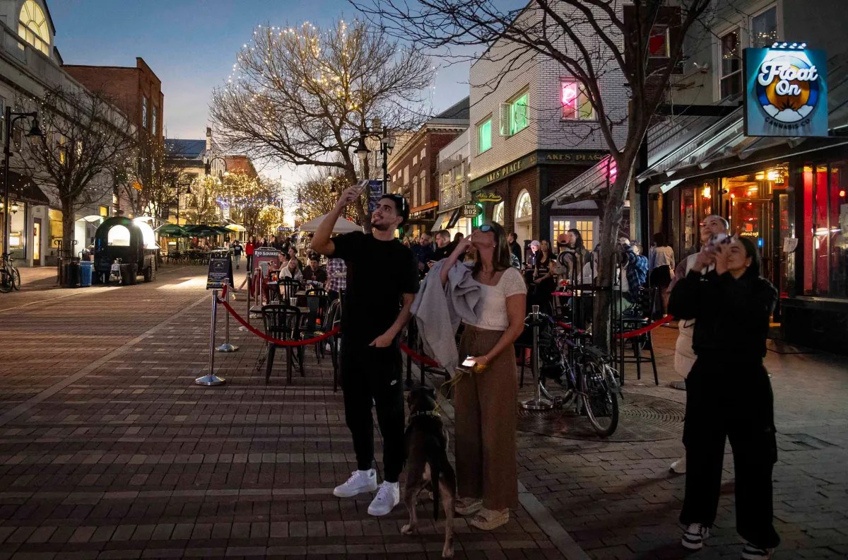 A group of people with a dog standing on a pedestrian street in the evening, looking upwards toward something off-camera.