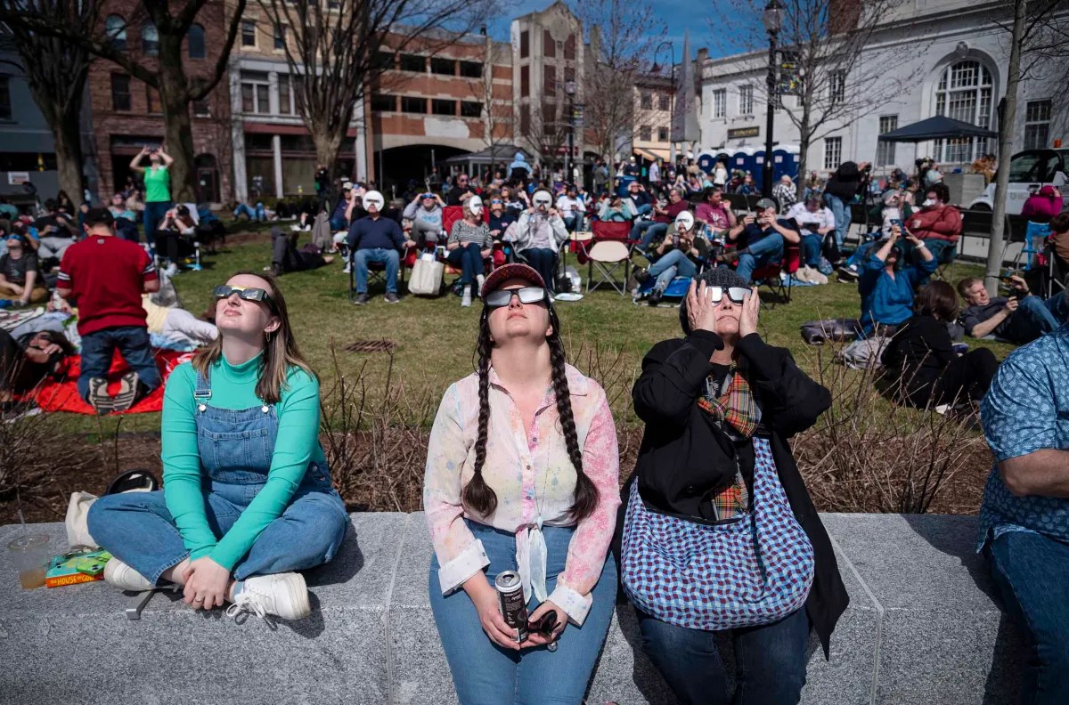 People enjoying an outdoor event on a sunny day, with some individuals sitting on the grass and others standing, one person capturing the moment on their phone.