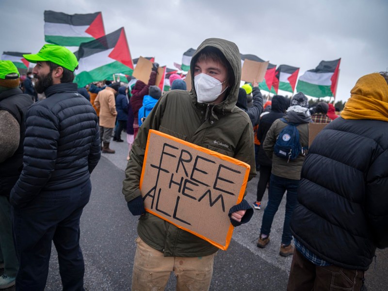 A person wearing a mask holds a "FREE THEM ALL" sign at a protest with others holding Palestinian flags in the background.