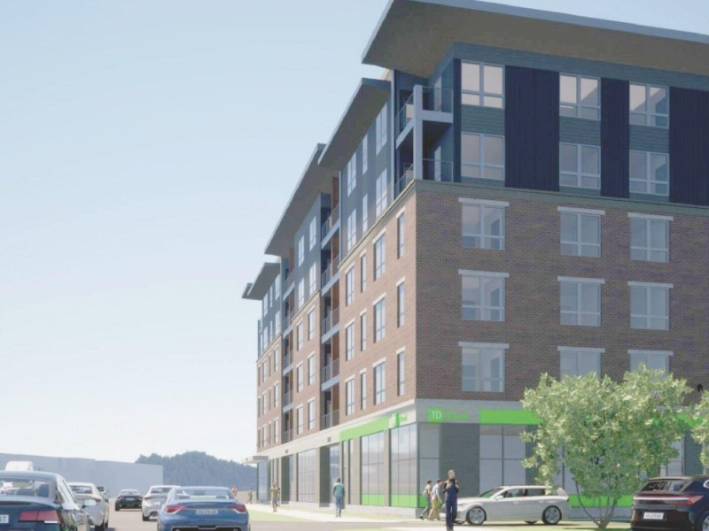 An artist's rendering of an apartment building.