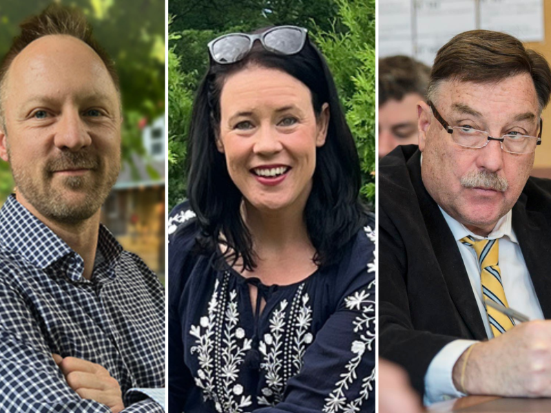 Three people are pictured: a man in a patterned shirt, a woman in a dark blouse with embroidery, and a man in a suit and tie.