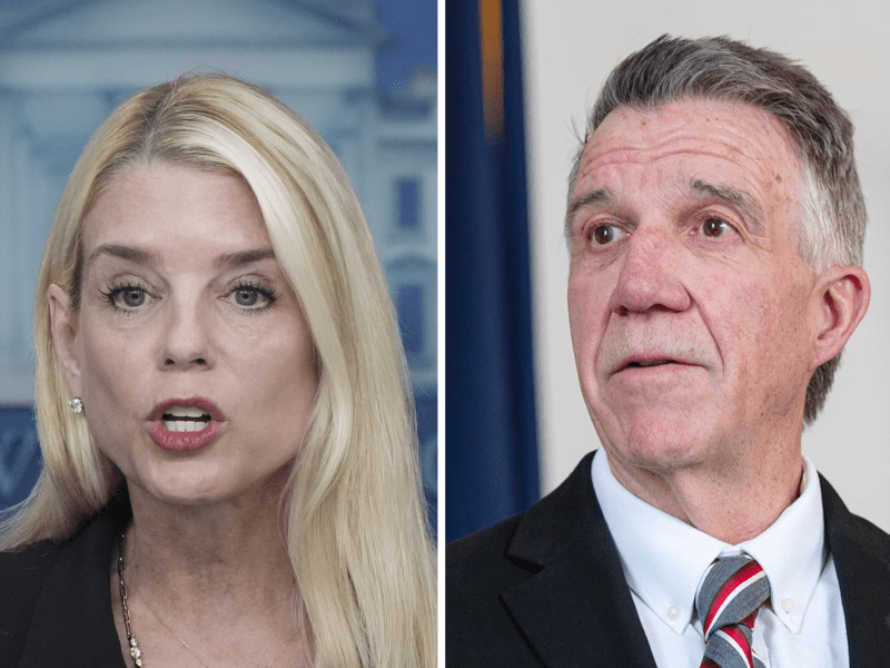 Split image showing a blonde woman speaking on the left and a gray-haired man in a suit and tie on the right. Both appear to be at separate press events.