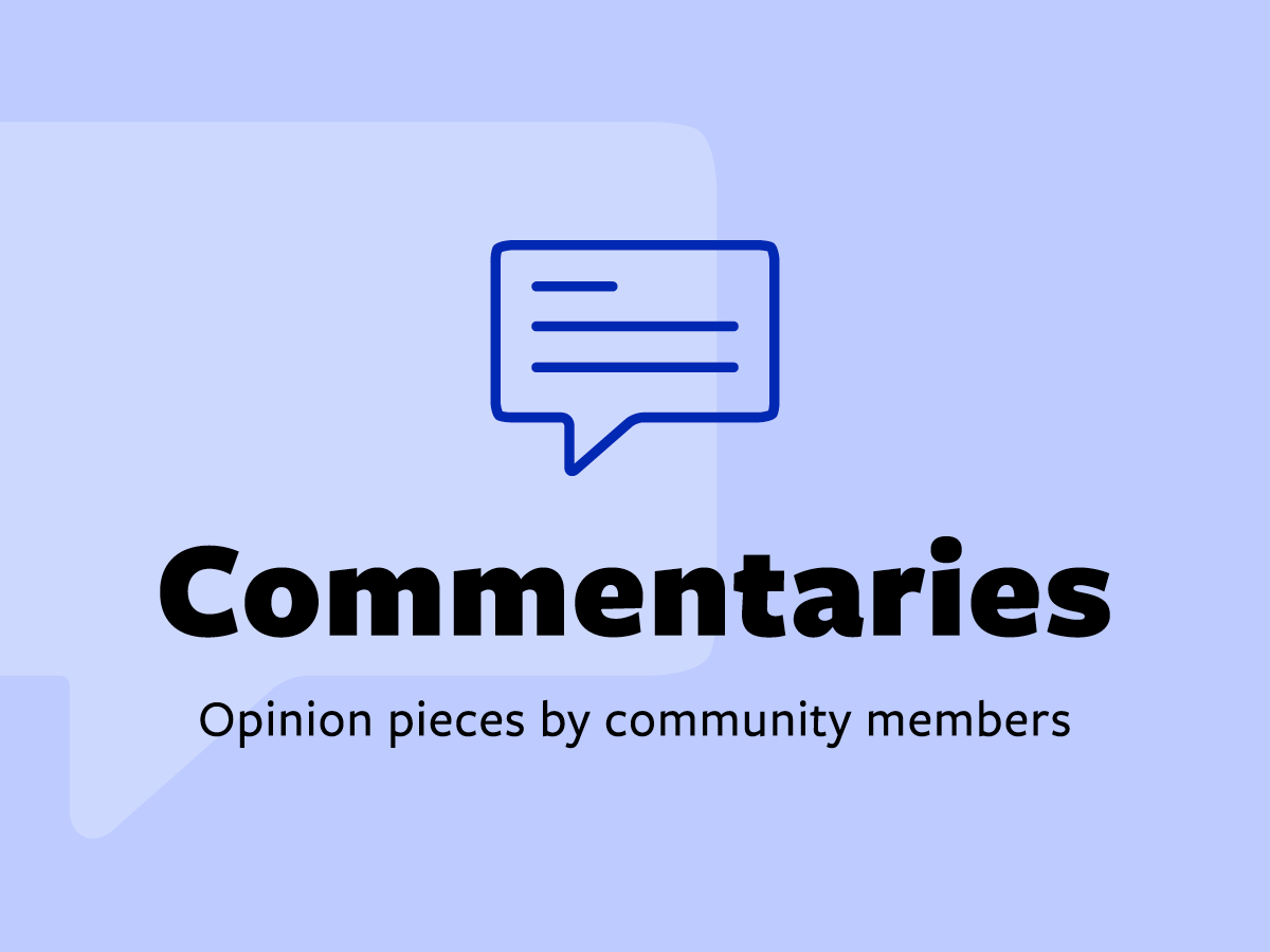 Text reading "Commentaries" and "Opinion pieces by community members" with a speech bubble icon.