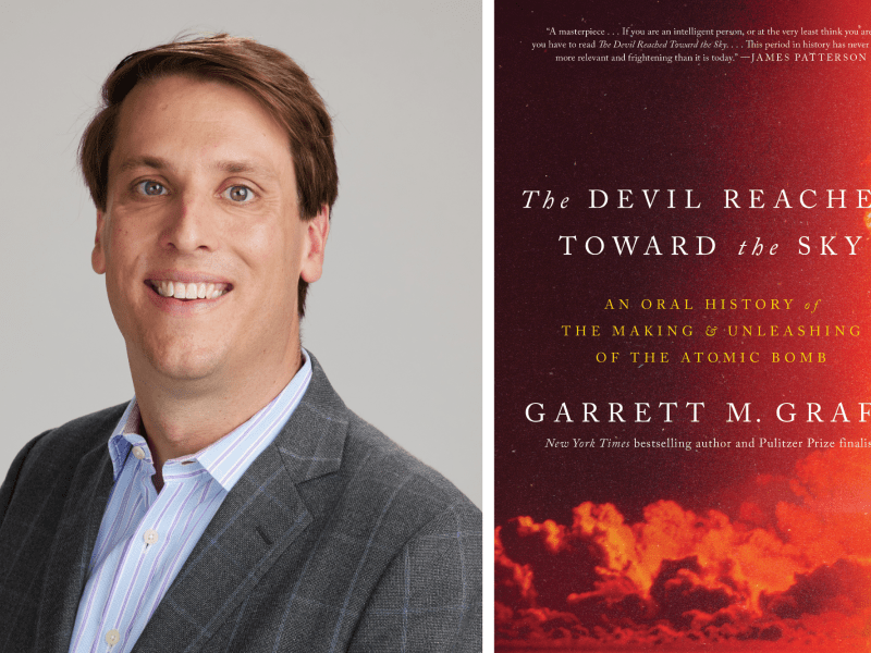 On the left, a man in a gray blazer smiles in front of a plain background. On the right, the cover of "The Devil Reached Toward the Sky" by Garrett M. Graff is shown.